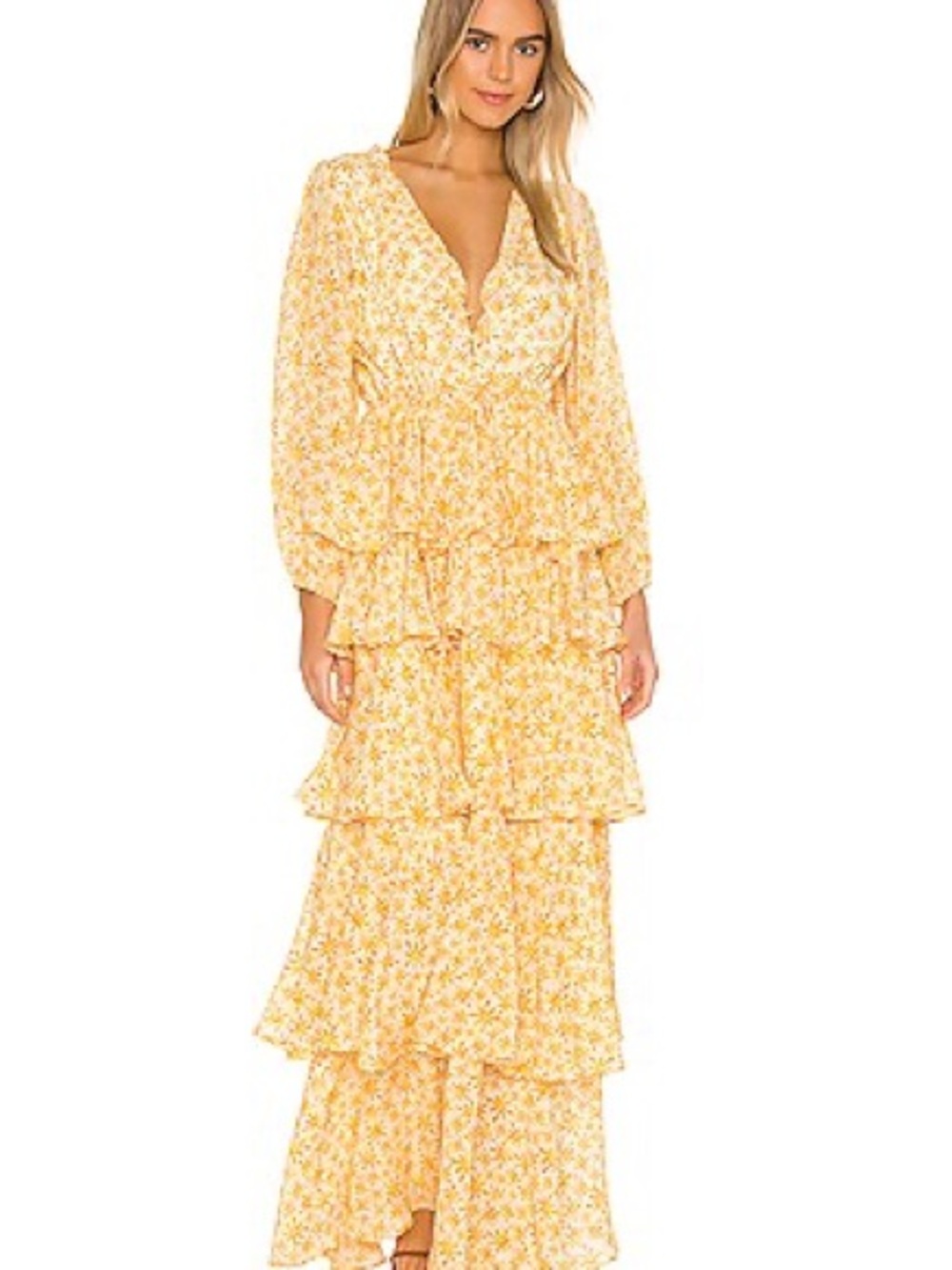 All Things Mochi Luz Yellow Floral Tiered Maxi Dress Size S